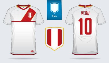 Futbol jersey veya futbol takımı şablon tasarım Peru millî futbol takımı. Ön ve arka futbol Tekdüzen görüntüleyin. Futbol tişörtlü düz logo tasarımı ile alay etmek yukarıya. Vektör çizim