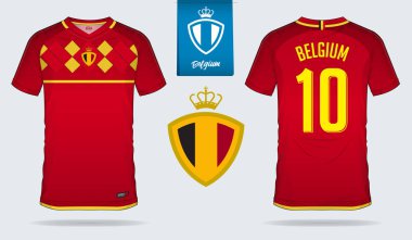 Futbol jersey veya futbol takımı şablon tasarım Belçika Millî Futbol takımı. Ön ve arka futbol Tekdüzen görüntüleyin. Ev ve uzak futbol t gömlek düz logo tasarımı ile alay etmek yukarıya. Vektör çizim