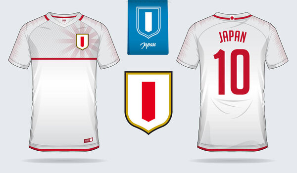 Soccer jersey or football kit template design for Japan national football team. Front and back view soccer uniform. Home and Away Football t shirt mock up with flat logo design. Vector Illustration