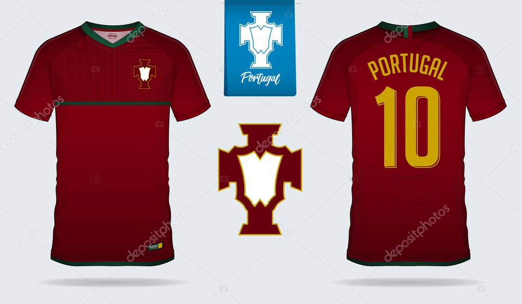 Soccer jersey or football kit template design for Portugal national football team. Front and back view soccer uniform. Football t shirt mock up with flat logo design. Vector Illustration