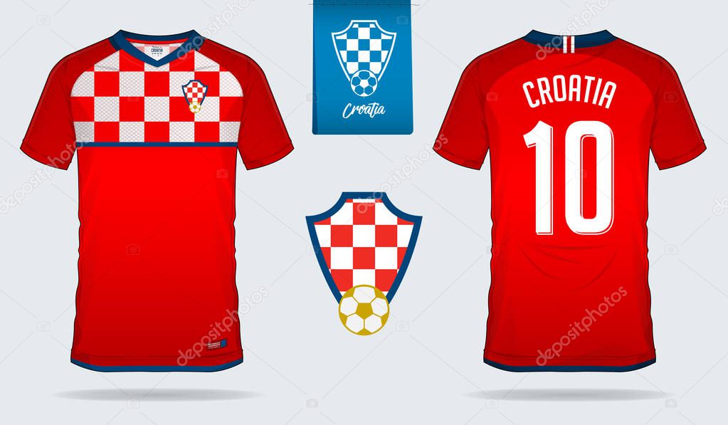 Soccer jersey or football kit template design for Croatia national football team. Front and back view soccer uniform. Football t shirt mock up with flat logo design. Vector Illustration