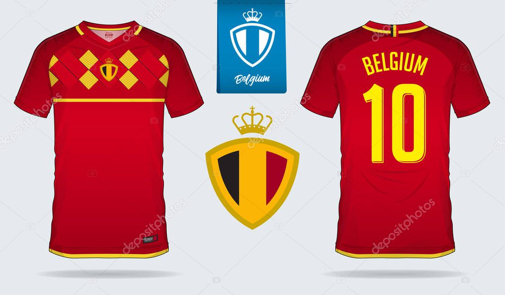 Soccer jersey or football kit template design for Belgium national football team. Front and back view soccer uniform. Home and Away Football t shirt mock up with flat logo design. Vector Illustration
