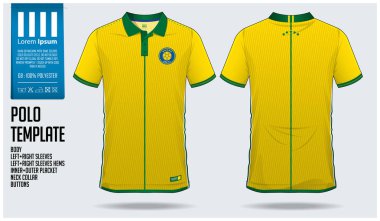 Brezilya ekibi Polo t-shirt spor şablon tasarım futbol forma, futbol takımı veya eşofman. Klasik yaka Spor üniforma önünde görüntülemek ve arka görünüm. T-shirt spor kulübü için alay et. Vektör çizim.