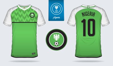 Futbol jersey veya futbol takımı şablon tasarım Nijerya Millî Futbol takımı. Ön ve arka futbol Tekdüzen görüntüleyin. Futbol tişörtlü düz logo tasarımı ile alay etmek yukarıya. Vektör çizim