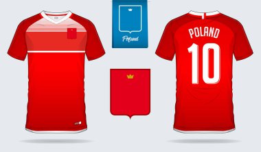 Futbol jersey veya futbol takımı şablon tasarım Polonya Millî Futbol takımı. Ön ve arka futbol Tekdüzen görüntüleyin. Futbol tişörtlü düz logo tasarımı ile alay etmek yukarıya. Vektör çizim