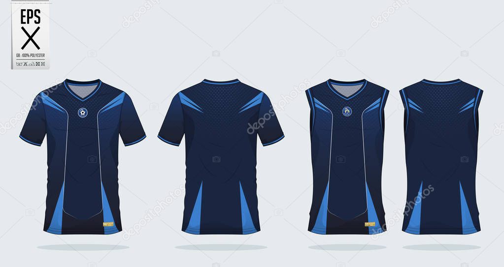 Blue stripe Pattern t-shirt sport design template for soccer jersey, football kit and tank top for basketball jersey. Sport uniform in front and back view. Tshirt mock up for sport club. Vector Illustration.