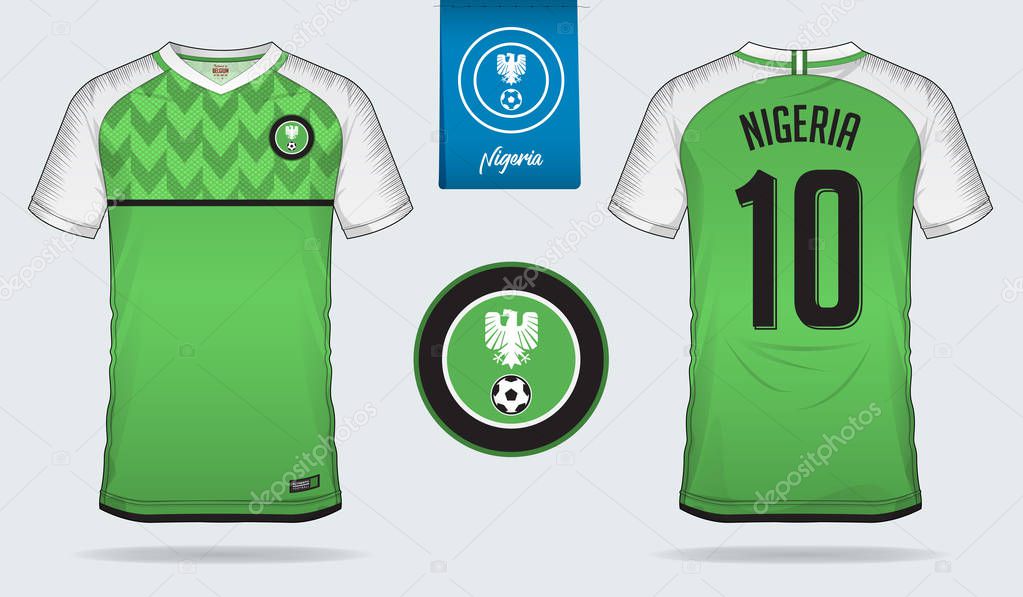 Soccer jersey or football kit template design for Nigeria national football team. Front and back view soccer uniform. Football t shirt mock up with flat logo design. Vector Illustration