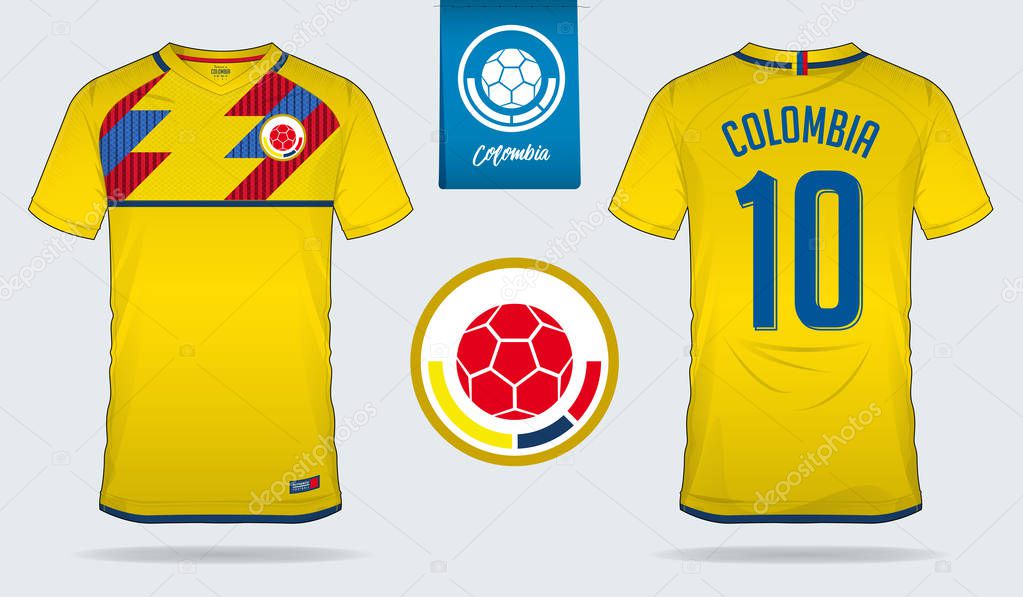 Soccer jersey or football kit template design for Colombia national football team. Front and back view soccer uniform. Football t shirt mock up with flat logo design. Vector Illustration