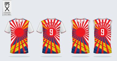 Japonya kırmızı gündoğumu ve renk tişört spor tasarım şablonu futbol forma, futbol takımı ve tank top basketbol forması için şeritler. Spor üniforma ön ve arkadan görünüm. Tshirt spor kulübü için sahte. Vektör çizim.