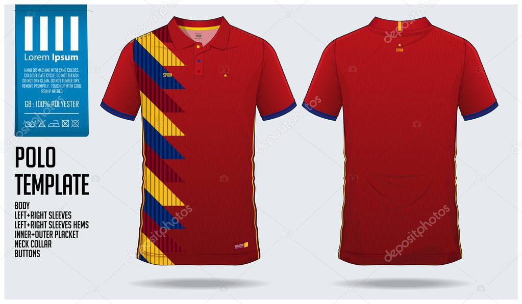 Spain Team Polo t-shirt sport template design for soccer jersey, football kit or sportwear. Classic collar sport uniform in front view and back view. T-shirt mock up for sport club. Vector Illustration.