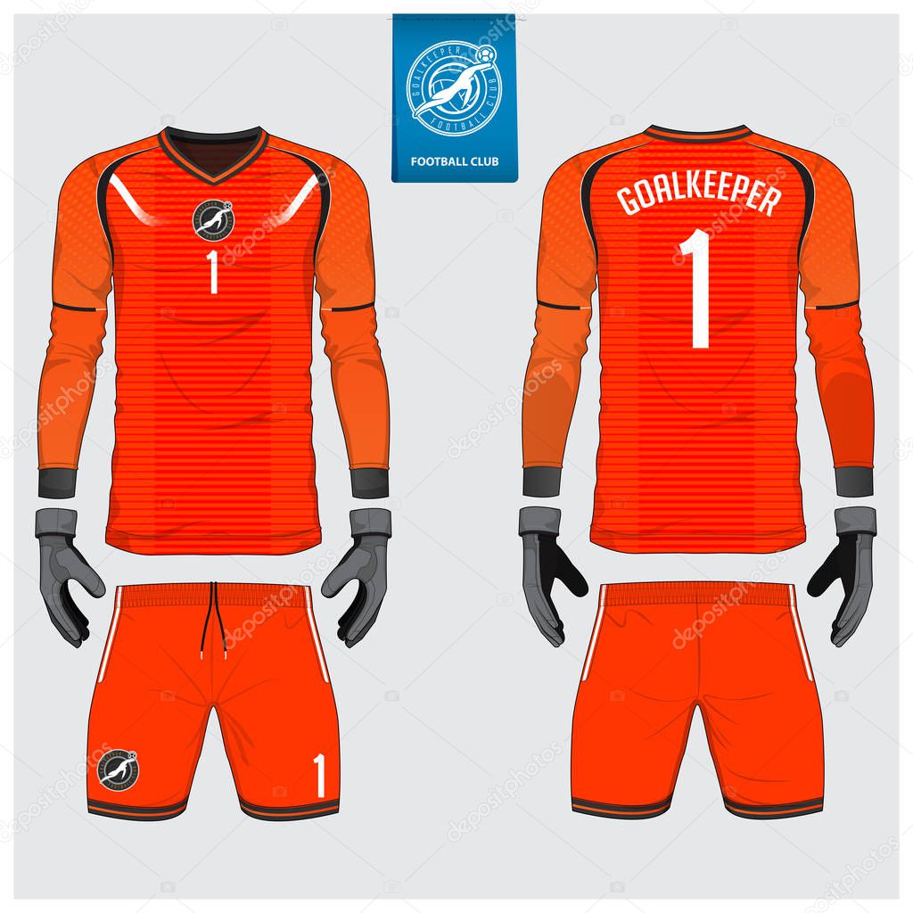 Orange Goalkeeper jersey or soccer kit, long sleeve jersey, goalkeeper glove template design. Sport t-shirt mock up. Front and back view football uniform. Flat football logo label. Vector Illustration.