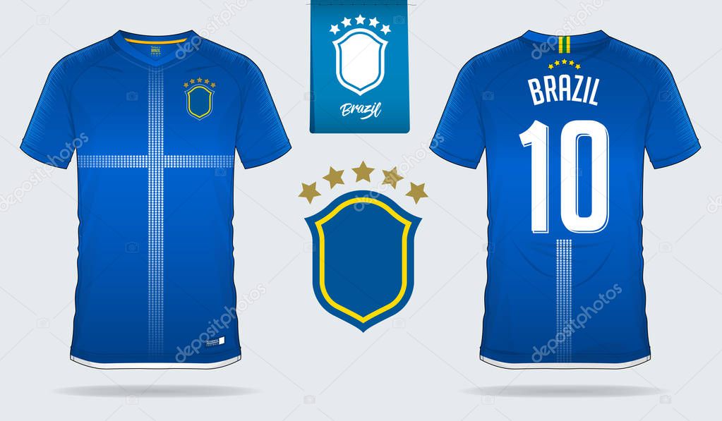 Soccer jersey or football kit template design for Brazil national football team. Front and back view soccer uniform. Football t shirt mock up. Vector Illustration