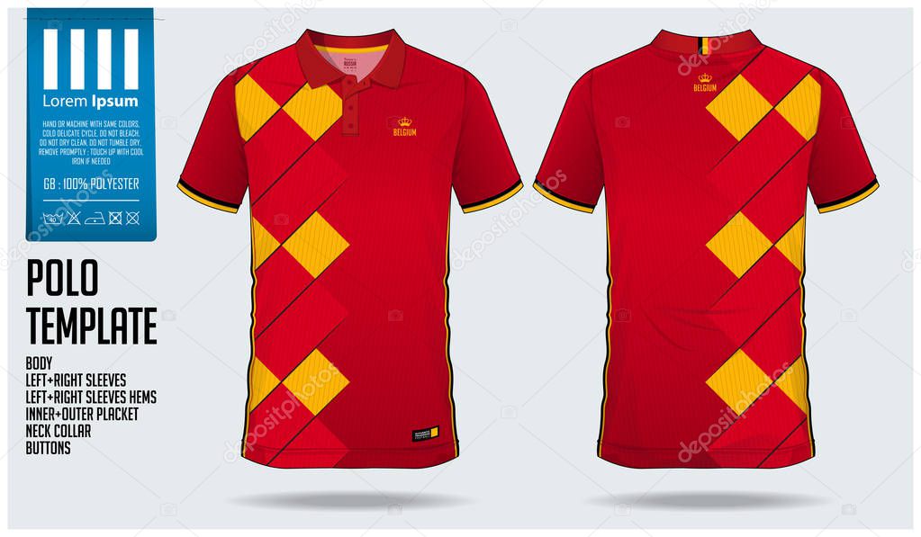 Belgium Team Polo t-shirt sport template design for soccer jersey, football kit or sportswear. Classic collar sport uniform in front view and back view. T shirt mock up for sport club. Vector Illustration.