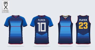 Mavi forması ile kırmızı şerit spor gömlek tasarım şablonu futbol forma, futbol takımı ve tank top basketbol forması için. Spor üniforma ön ve arkadan görünüm. T gömlek spor kulübü için sahte. Vektör çizim.