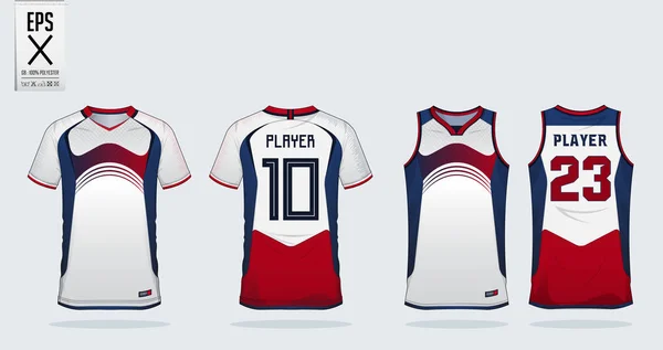 Mavi-kırmızı-beyaz spor gömlek tasarım şablonu futbol forma, futbol takımı ve tank top basketbol forması için. Spor üniforma ön ve arkadan görünüm. T gömlek spor kulübü için sahte. Vektör çizim.