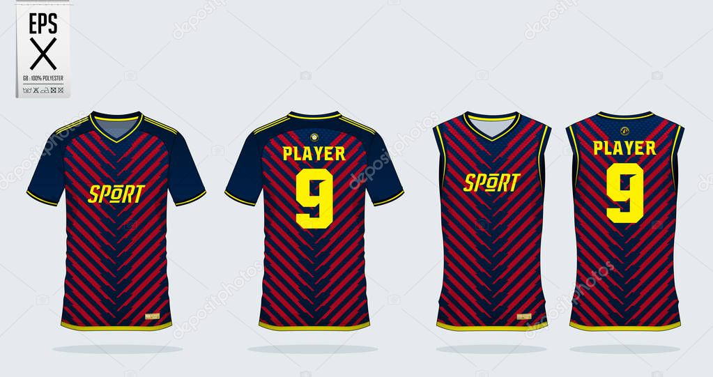 Blue-red stripe sport shirt design template for soccer jersey, football kit and tank top for basketball jersey. Sport uniform in front and back view. T shirt mock up for sport club. Vector Illustration.