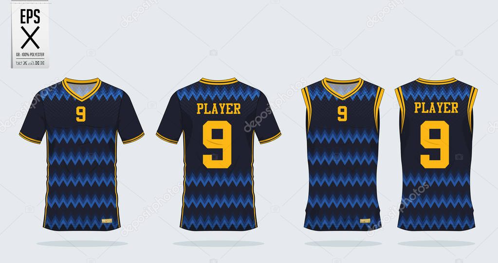 Blue jersey with horizontal zigzag pattern sport shirt design template for soccer jersey, football kit and tank top for basketball jersey. Sport uniform in front and back view. T shirt mock up for sport club. Vector.