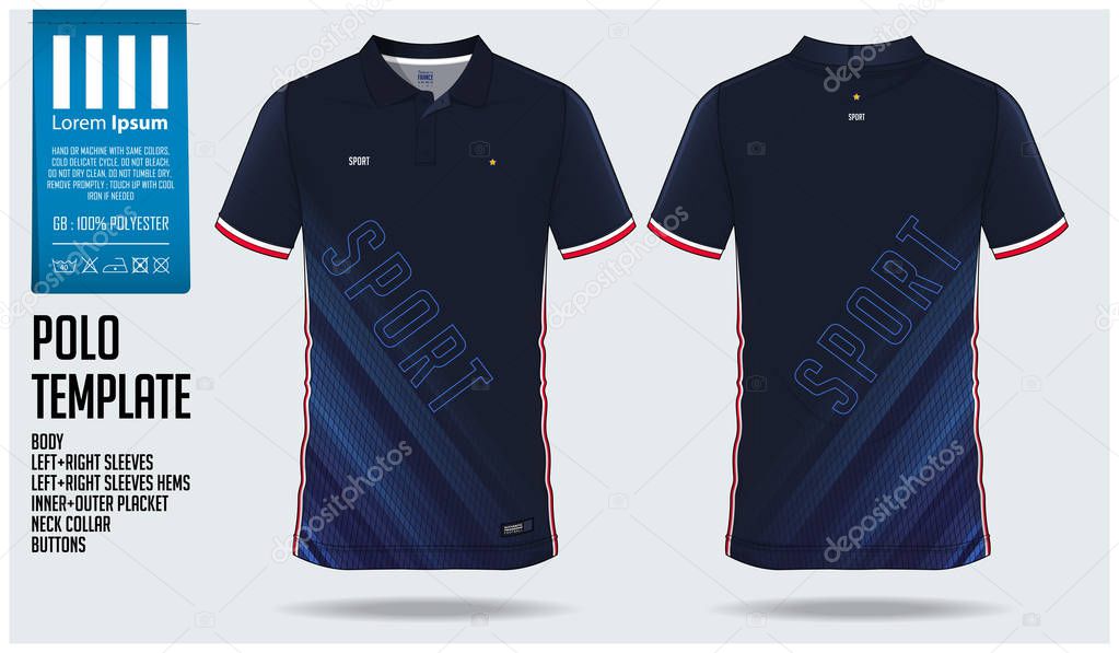 Blue Polo shirt sport template design for soccer jersey, football kit or sportswear. Sport uniform in front view and back view. T-shirt mock up for sport club. Vector Illustration.