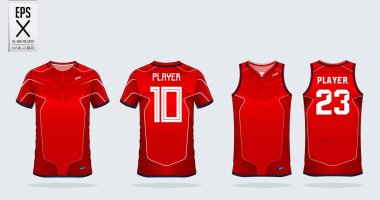 Red and white stripe t-shirt sport design template for soccer jersey, football kit and tank top for basketball jersey. Sport uniform in front and back view. T shirt mock up for sport club. Vector Illustration. clipart
