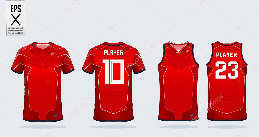 Red and white stripe t-shirt sport design template for soccer jersey, football kit and tank top for basketball jersey. Sport uniform in front and back view. T shirt mock up for sport club. Vector Illustration.