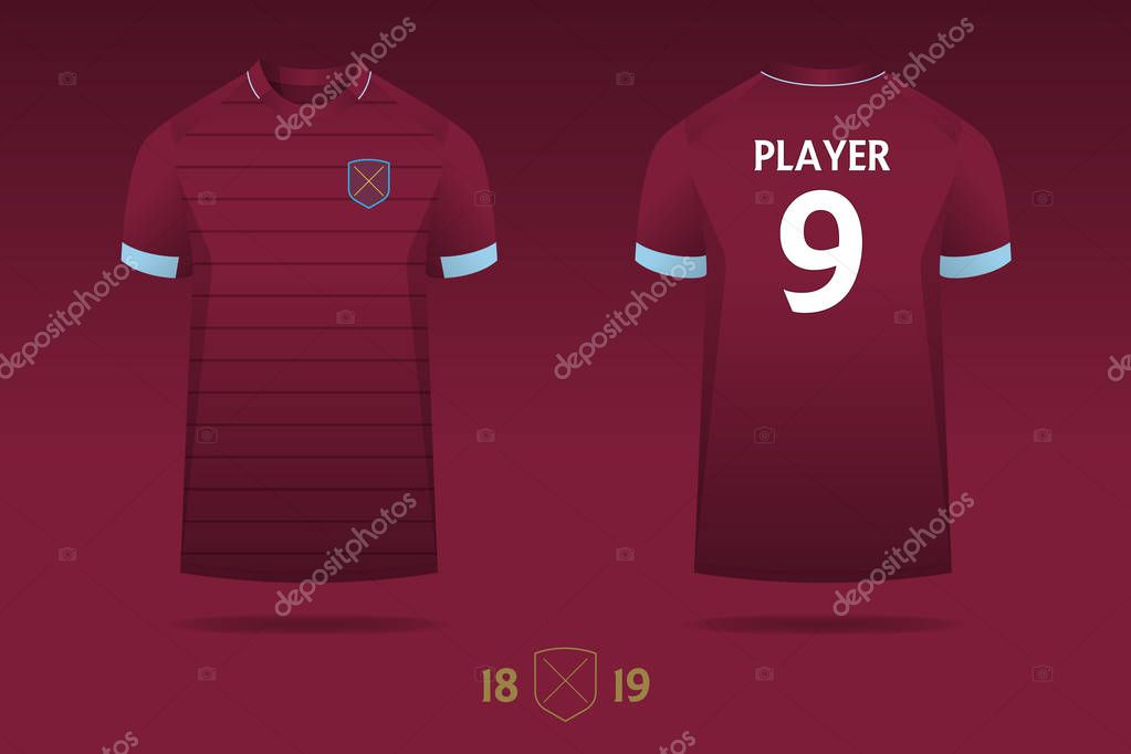 Soccer jersey, football kit, t-shirt sport  template design for English football club. Football t-shirt mock up. Front and back view soccer uniform. Minimal logo design. Vector Illustration.