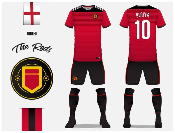 Trikot Oder Trikotvorlage Für Fußballklub Rotes Fußballshirt Mit Socke Und — Stockvektor