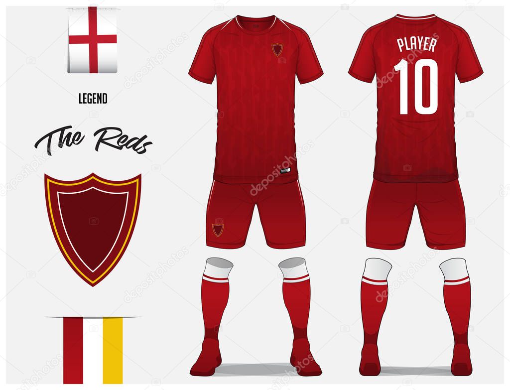 Soccer jersey or football kit template for football club. Red football shirt with sock and short mock up. Front and back view soccer uniform. Football logo and Flag label. Vector Illustration.
