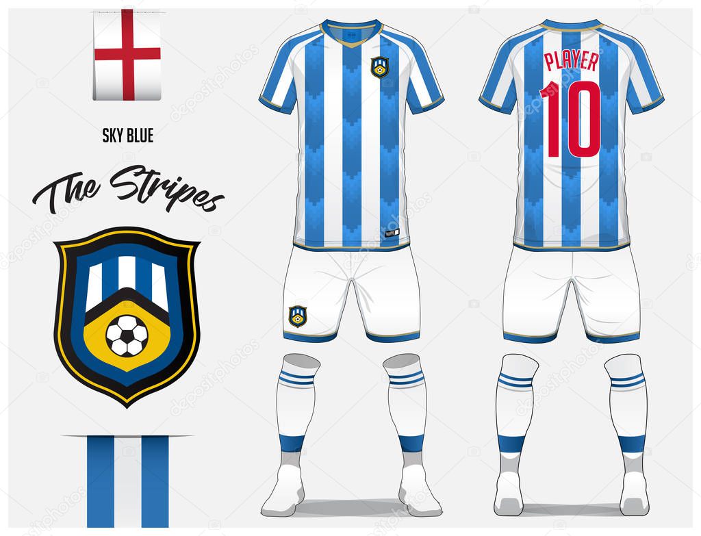 Soccer jersey or football kit template for football club. Blue and white stripe football shirt with sock and short mock up. Front and back view soccer uniform. Football logo and Flag label. Vector Illustration.