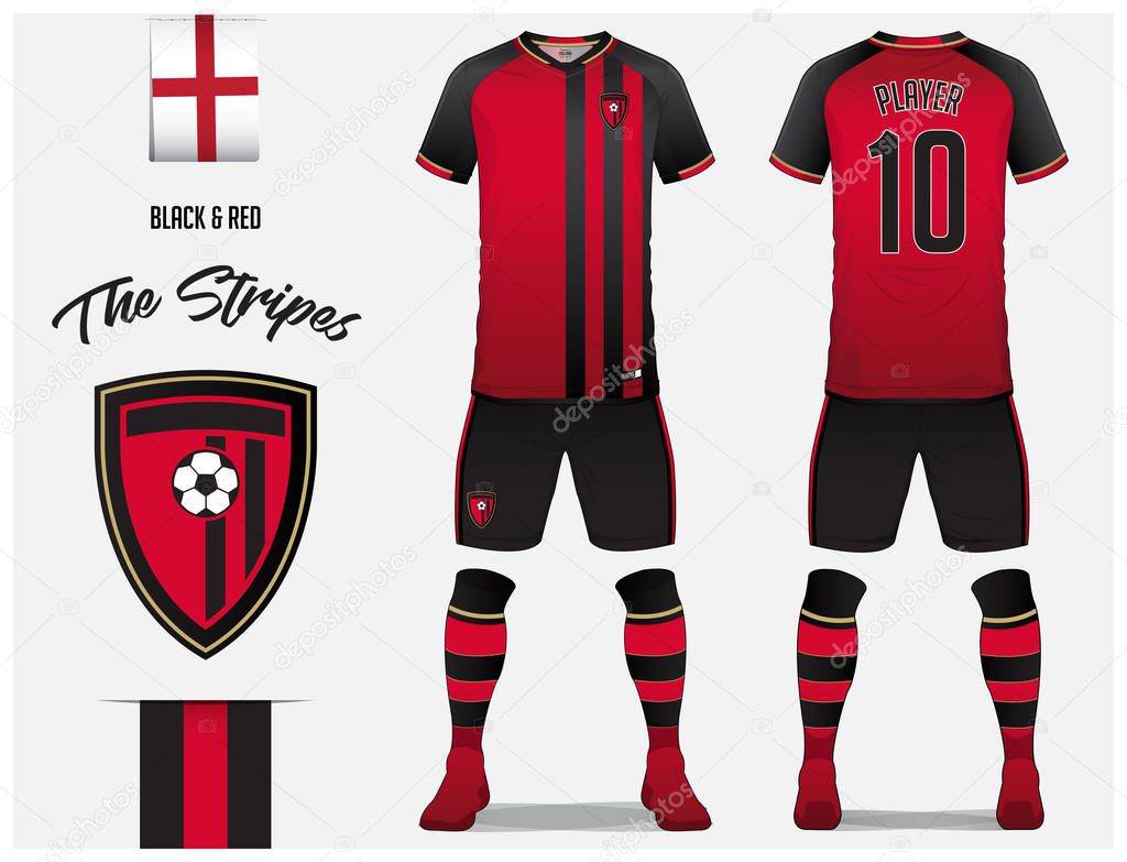 Soccer jersey or football kit template for football club. Red and black stripe football shirt with sock and short mock up. Front and back view soccer uniform. Football logo and Flag label. Vector Illustration.