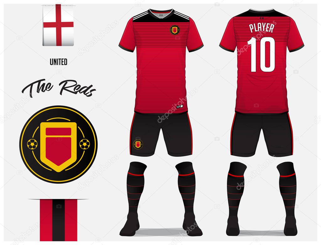 Soccer jersey or football kit template for football club. Red football shirt with sock and short mock up. Front and back view soccer uniform. Football logo and Flag label. Vector Illustration.