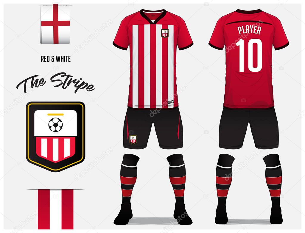 Soccer jersey or football kit template for football club. Red and white stripe football shirt with sock and short mock up. Front and back view soccer uniform. Football logo and Flag label. Vector Illustration.