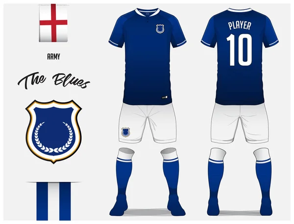 Soccer jersey or football kit template for football club. Blue football shirt with blue sock and white shorts mock up. Front and back view soccer uniform. Football logo and Flag label. Vector Illustration.