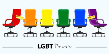 İşe alma ve Lgbt güç kavramı içinde işe iş. Ofis koltuğu veya çeşitli bakış açıları masa sandalye. Ofis koltuğu ve bir işareti boş. Düz tasarım mobilya iç için. Vektör çizim.