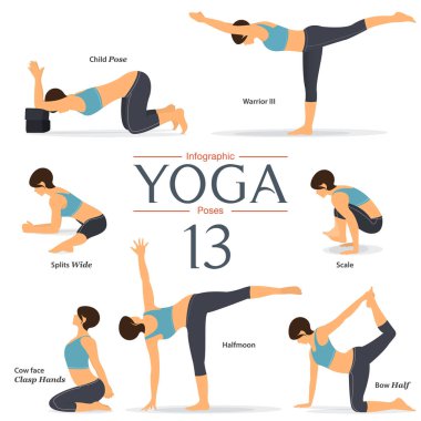 7 yoga teşkil etmektedir düz tasarım kümesi. Kadın figürleri mavi spor giyim ve siyah yoga yoga infographics pantolon egzersiz. Vektör çizim.