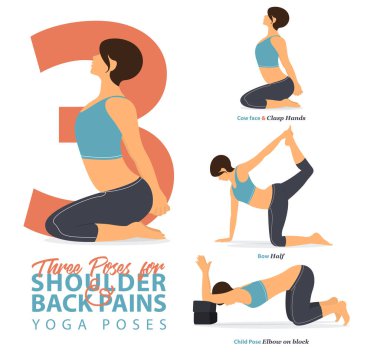 Infographic 3 Yoga için yoga duruş kadın figürleri bir dizi düz tasarım yardım alt omuz ve sırt ağrısı için poz veriyor. Kadın figürleri mavi spor giyim ve siyah yoga pantolon egzersiz. Vektör çizim.