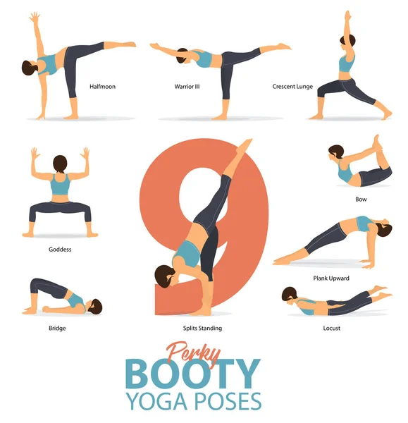 Infographic 9 Yoga için yoga duruş kadın figürleri bir dizi düz tasarımında neşeli ganimet için poz veriyor. Kadın figürleri mavi spor giyim ve siyah yoga pantolon egzersiz. Vektör çizim.