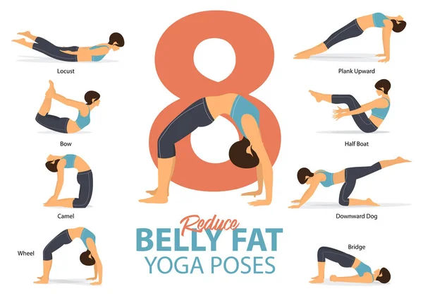 Satu Set Postur Yoga Figur Perempuan Untuk Infografis Yoga Berpose - Stok Vektor