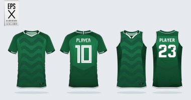 Yeşil zikzak desen t-shirt spor tasarım şablonu futbol forma, futbol takımı ve tank top basketbol forması için. Spor üniforma ön ve arkadan görünüm. Spor gömlek spor kulübü için sahte. Vektör çizim.