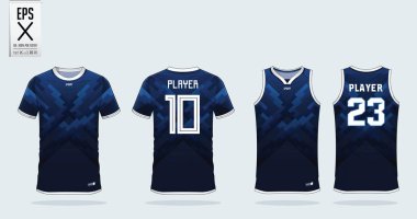 Mavi zikzak desen t-shirt spor tasarım şablonu futbol forma, futbol takımı ve tank top basketbol forması için. Spor üniforma ön ve arkadan görünüm. Spor gömlek spor kulübü için sahte. Vektör çizim.