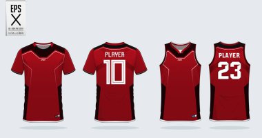 Red and Black t-shirt sport design template for soccer jersey, football kit and tank top for basketball jersey. Sport uniform in front and back view. Sport shirt mock up for sport club. Vector Illustration. clipart