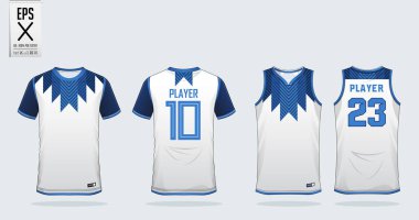 Blue and white t-shirt sport design template for soccer jersey, football kit and tank top for basketball jersey. Sport uniform in front and back view. Sport shirt mock up for sport club. Vector Illustration. clipart