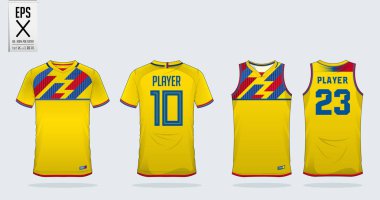 Sarı tişört spor tasarım şablonu futbol forma, futbol takımı ve tank top basketbol forması için. Spor üniforma ön ve arkadan görünüm. Spor gömlek spor kulübü için sahte. Vektör çizim.