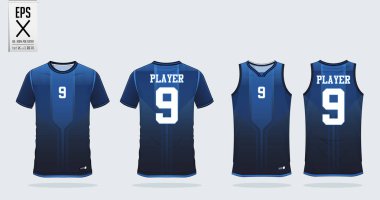 Mavi t-shirt spor tasarım şablonu futbol forma, futbol takımı ve tank top basketbol forması için. Spor üniforma ön ve arkadan görünüm. Spor gömlek spor kulübü için sahte. Vektör çizim.