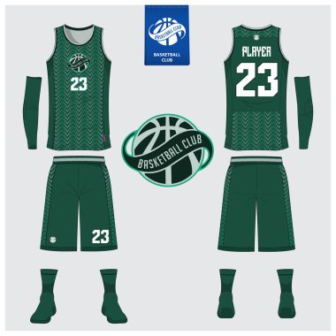 Basketbol forması ya da spor üniforma, şort, çorap basketbol kulübü için şablon. Önden ve arkadan görünüm spor t-shirt tasarım. Kolsuz tişört basketbol düz logo tasarımı ile alay. Vektör çizim.