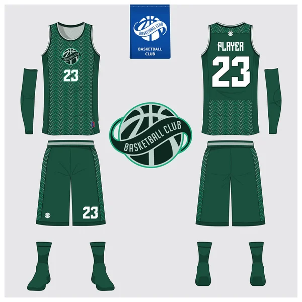 Basketball jersey or sport uniform, shorts, socks template for basketball club. Front and back view sport t-shirt design. Tank top t-shirt mock up with basketball flat logo design. Vector Illustration.