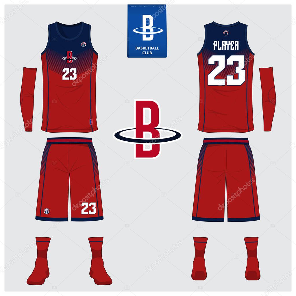 Basketball jersey or sport uniform, shorts, socks template for basketball club. Front and back view sport t-shirt design. Tank top t-shirt mock up with basketball flat logo design. Vector Illustration.