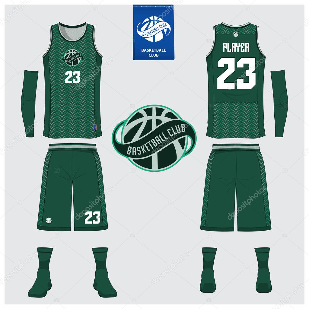 Basketball jersey or sport uniform, shorts, socks template for basketball club. Front and back view sport t-shirt design. Tank top t-shirt mock up with basketball flat logo design. Vector Illustration.