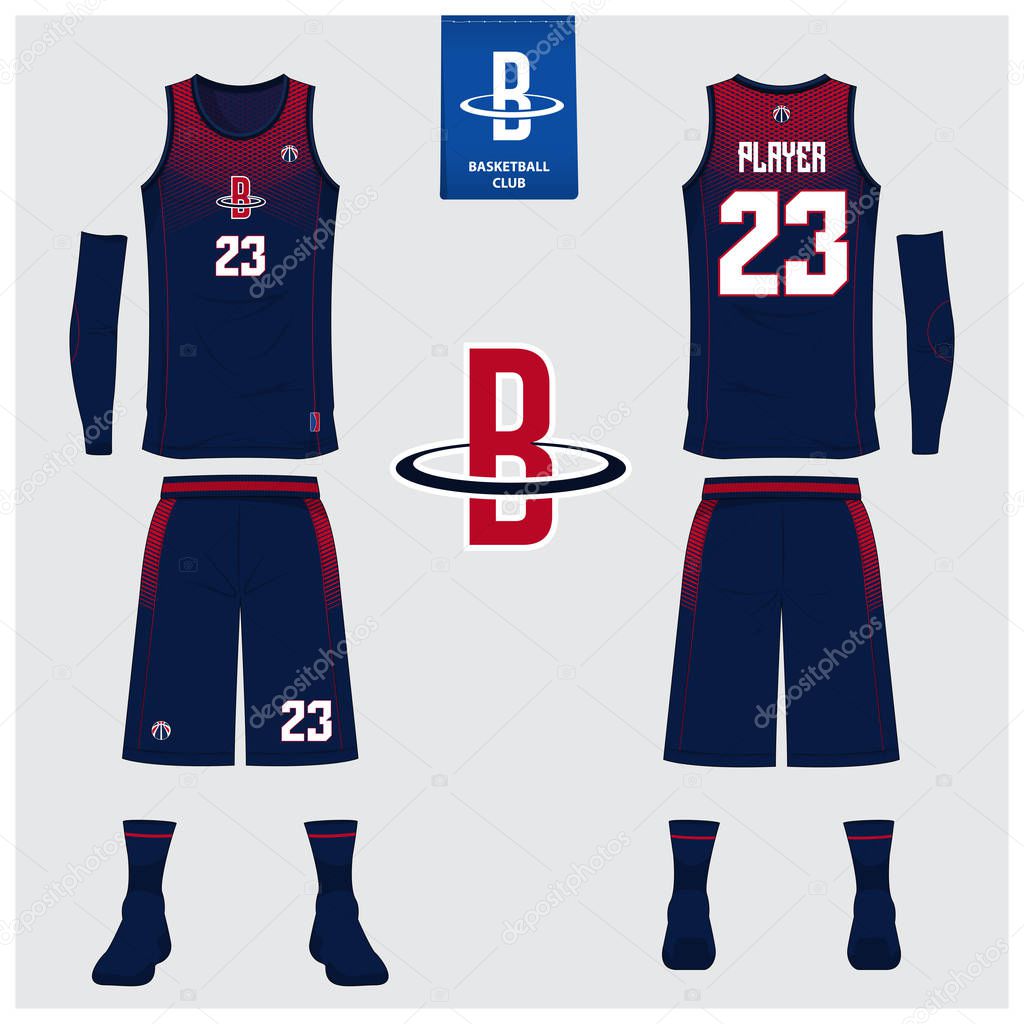 Basketball uniform or sport jersey, shorts, socks template for basketball club. Front and back view sport t-shirt design. Tank top t-shirt mock up with basketball flat logo design. Vector Illustration.