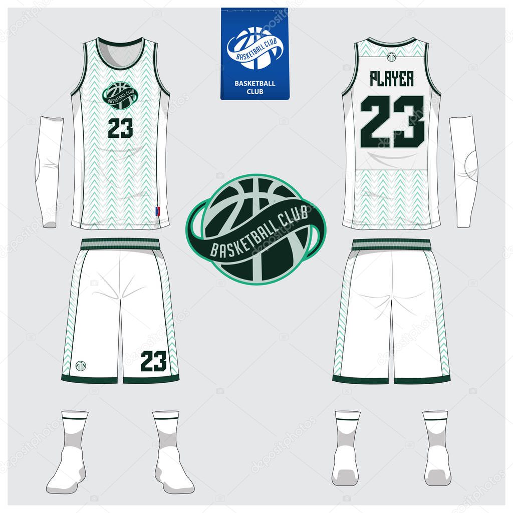 Basketball uniform or sport jersey, shorts, socks template for basketball club. Front and back view sport t-shirt design. Tank top t-shirt mock up with basketball flat logo design. Vector Illustration.