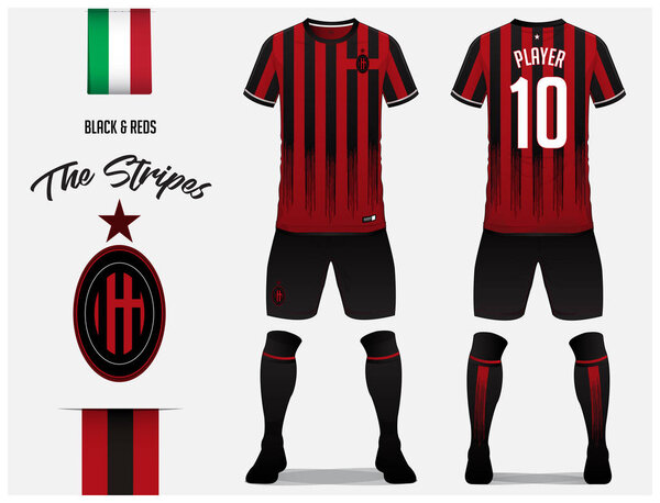 Soccer jersey or football kit template for football club. Red and black stripe football shirt with sock and black pants mock up. Front and back view soccer uniform. Football logo and Flag label. Vector Illustration.